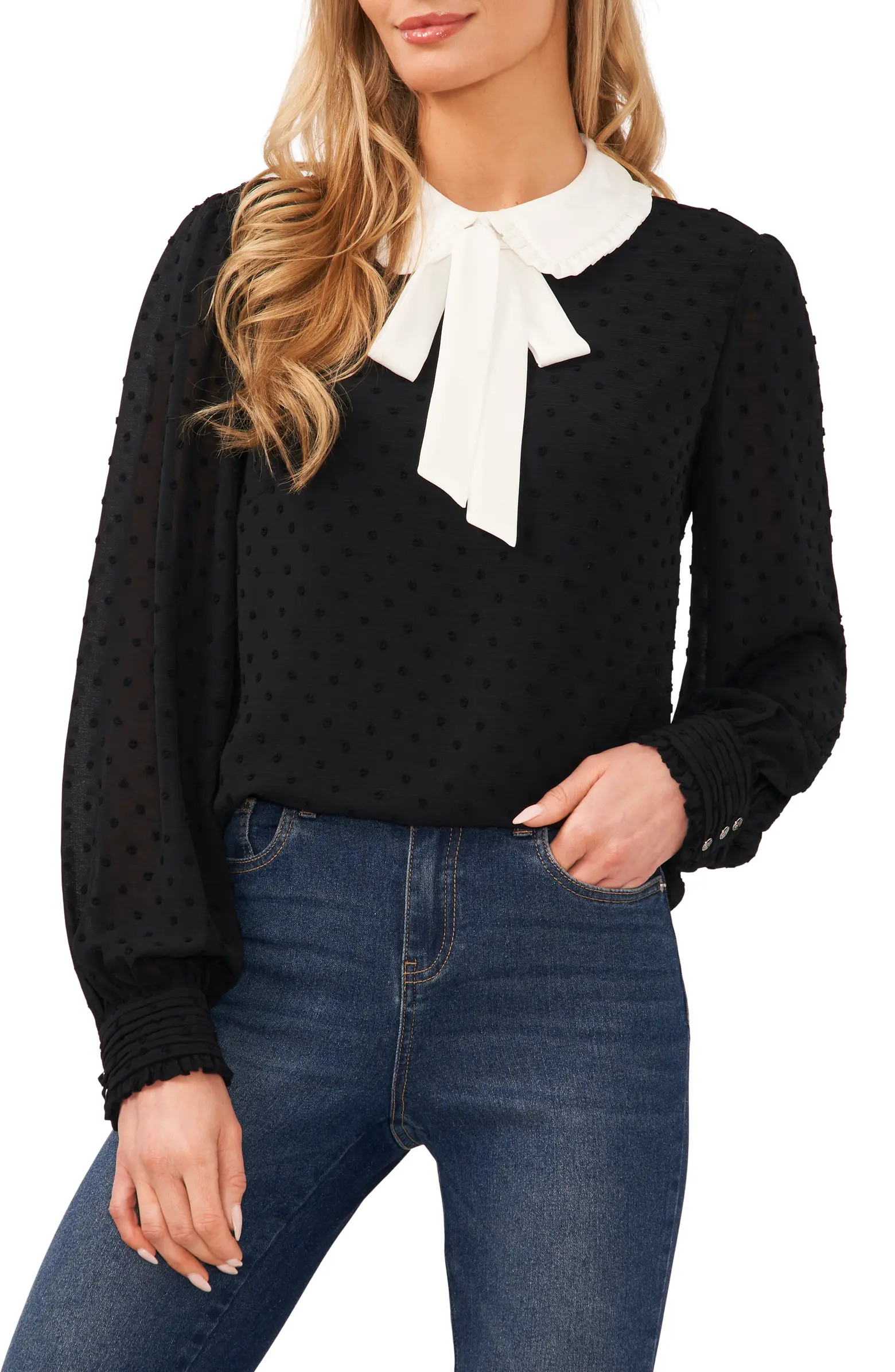 Bow Collar Long Sleeve Clip Dot Blouse | Nordstrom