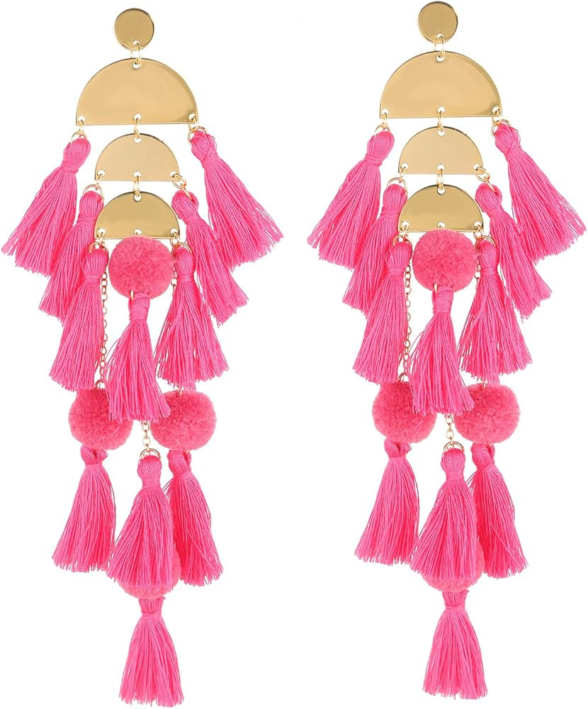 Long Tassel Earrings for Women Colorful Fringe Drop Dangle Earrings Bohemian Hawaiian Summer Beac... | Amazon (US)