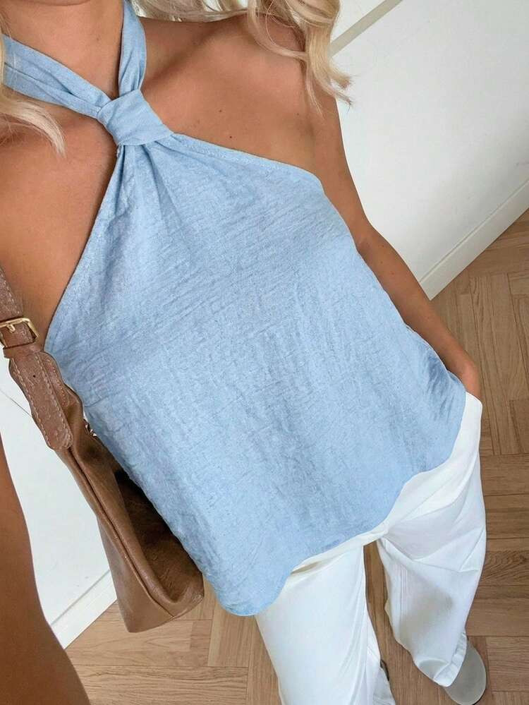 SHEIN EZwear Light Blue Woven Halter Neck Top For Women,Summer Top | SHEIN