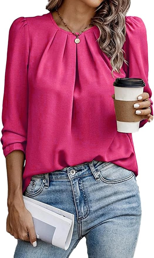 Samefar Womens Tops Dressy Casual Pleated Crew Neck Long Sleeve Shirts Office Work Chiffon Blouse... | Amazon (US)