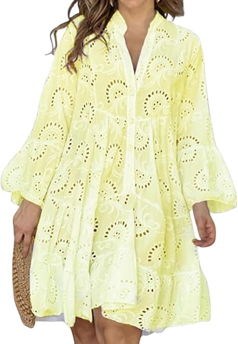 White Floral Dress for Women Hollow Out Lace Boho Solid V Neck Long Sleeve Button Down Midi Dress | Amazon (US)