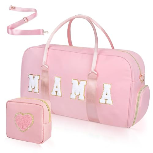 Mama Bag, Mama Hospital Bag for Labor and Delivery Nylon Chenille Letter Embroidered Duffle Bag Overnight Bag Weekender Bag with Shoes Compartment and Toiletry Bag Mothers Day Gifts (Pink, Mama) | Amazon (US)