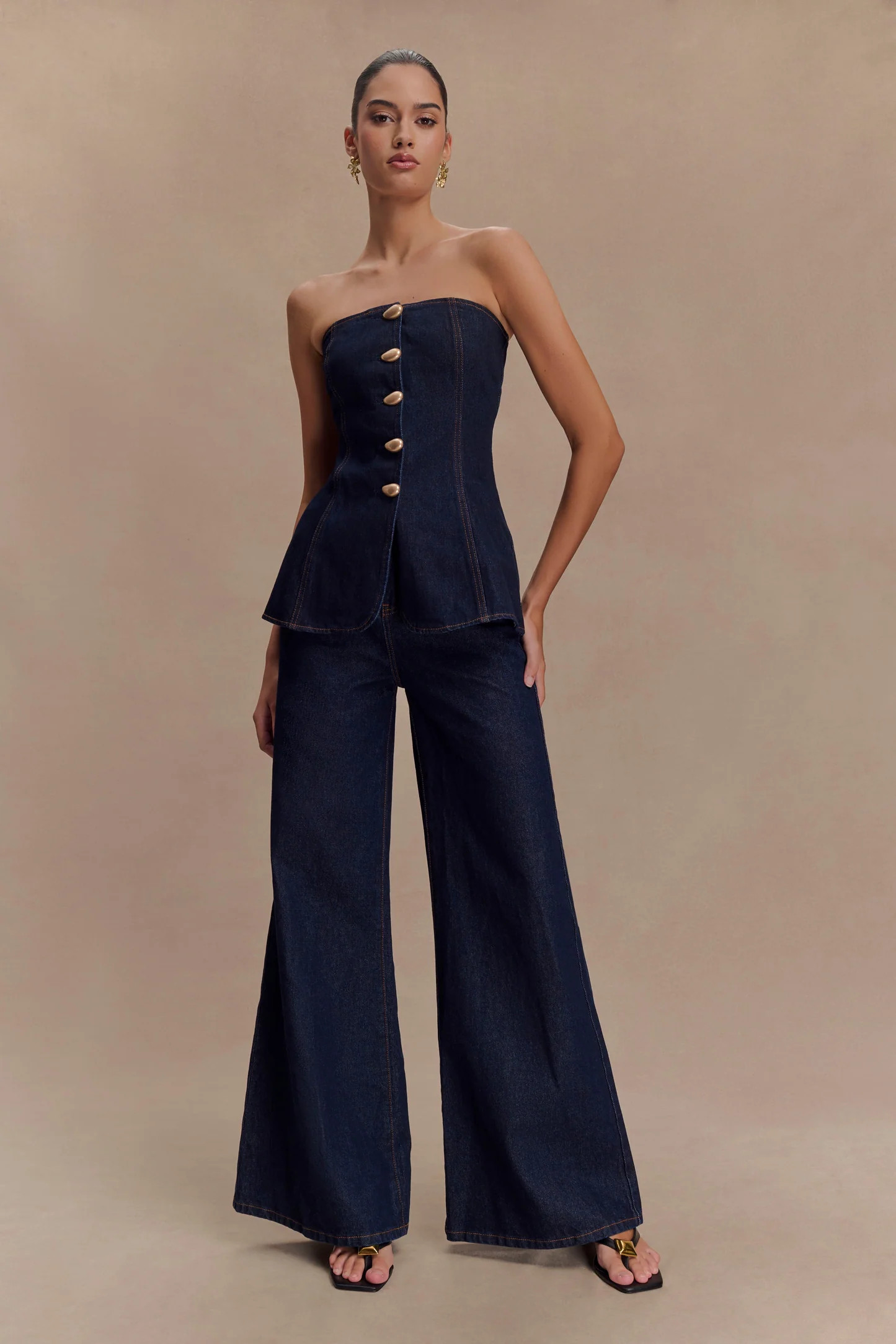 Lennox Strapless Long Line Button Top - Indigo Blue | MESHKI US