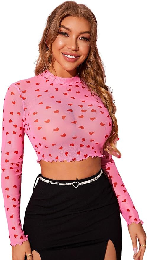 Floerns Women's Long Sleeve See Though Sheer Mesh Crop Tee Tops | Amazon (US)