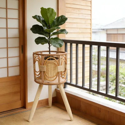 Handmade Rattan Plant Stand With Wooden Legs, Boho Wicker Planter Basket For Indoor And Outdoor Decor, Hollow Flower Display Rack And Floor Shelf | Wayfair North America
