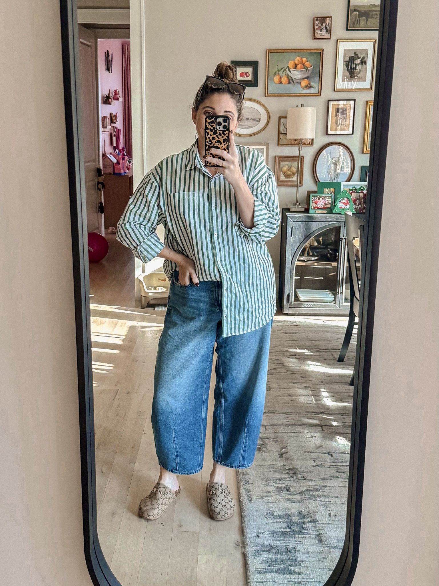 Warm fall day ootd! I will forever love a button down shirt as an easy outfit to wear and throw on and look really put together! 
Striped Loft button down L / Target barrel jeans 12 / Slides tts 

#LTKSeasonal #LTKMidsize #LTKootd