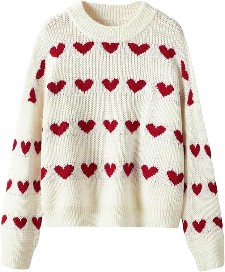 Verdusa Women's Heart Print Long Sleeve Round Neck Sweater Drop Shoulder Knit Pullovers | Amazon (US)