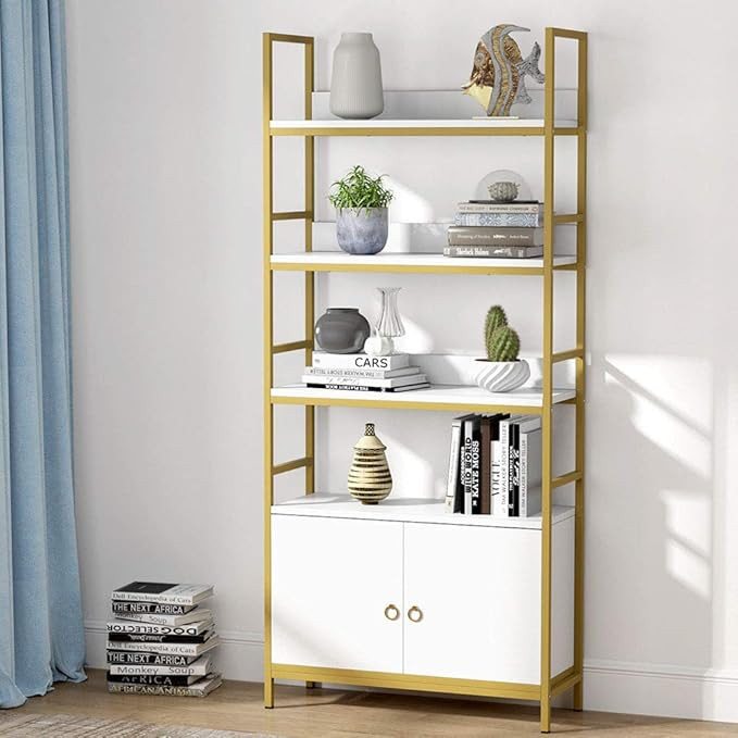 Tribesigns 4 Tier Bookcase with Door,White Etagere Standard Bookshelf with Cabinet, Modern Book S... | Amazon (US)