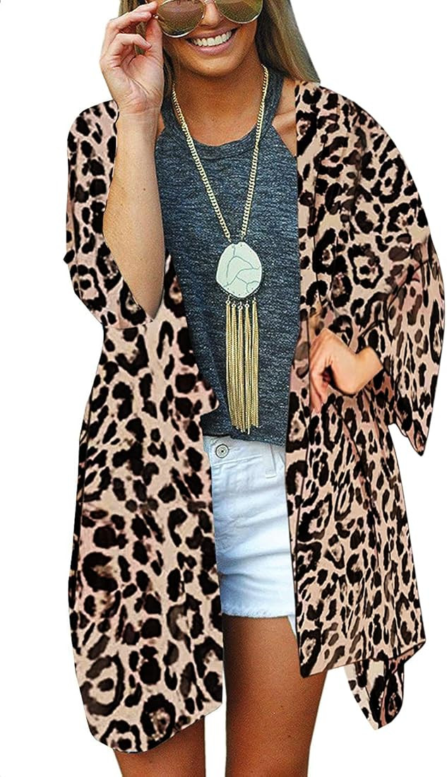 AMiERY Leopard Women's Swimwear Coverups Solid Kimono Cover Up Swim Tops Shirt Cardigan Leopard | Amazon (US)