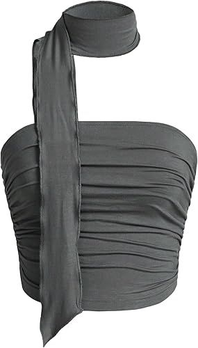 Verdusa Women's Y2K Sleeveless Ruched Tube Crop Bandeau Top with Scarf Grey M | Amazon (US)