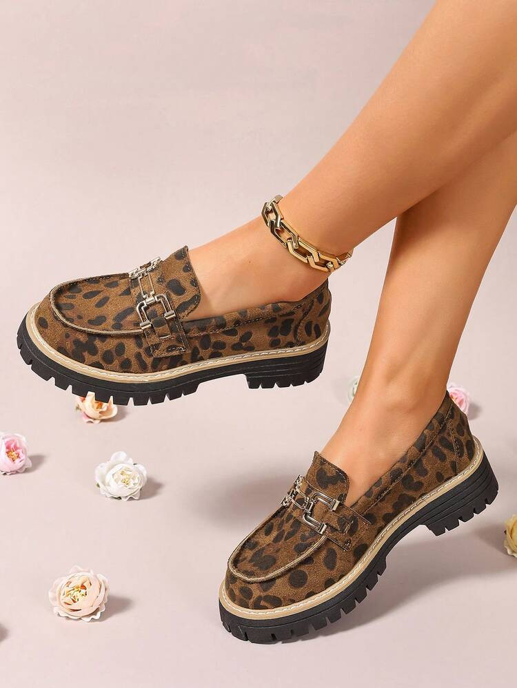 \u2728 Women Leopard Print Platform Loafers Metal Buckle Slip-On Chunky Shoes | | SHEIN