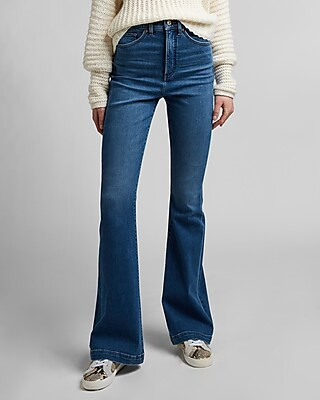 Super High Waisted Dark Wash Flare Jeans | Express