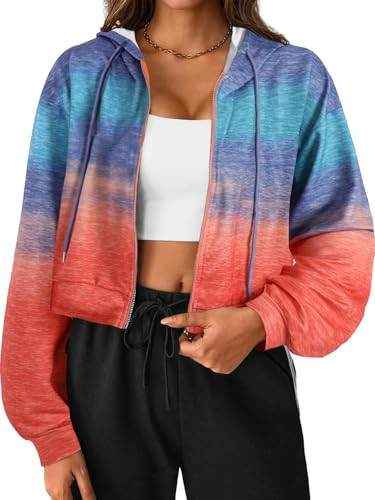 SOFIA'S CHOICE Zip Up Hoodie Women Cropped Long Sleeve Tie Dye Sweatshirts Jackets Red Blue X-Large | Amazon (US)