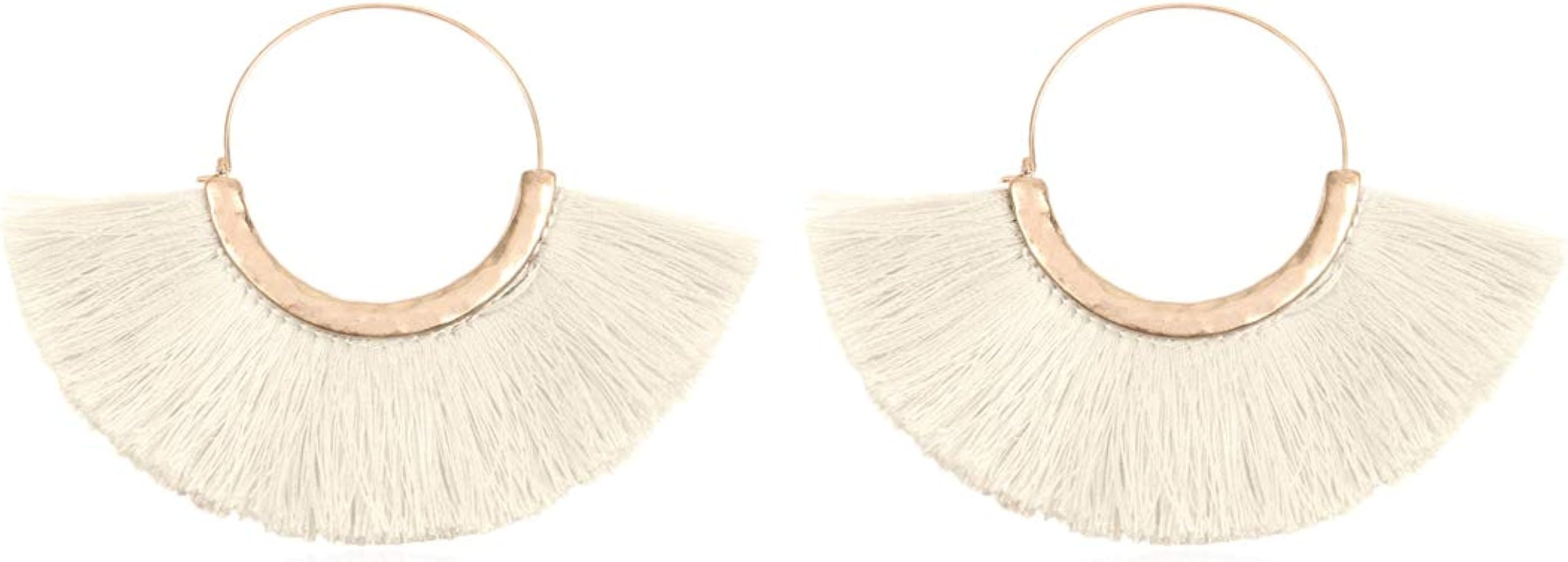 Bohemian Silky Thread Tassel Strand Fringe Statement Hoop Earrings - Lightweight Semi Circle Fan ... | Amazon (US)