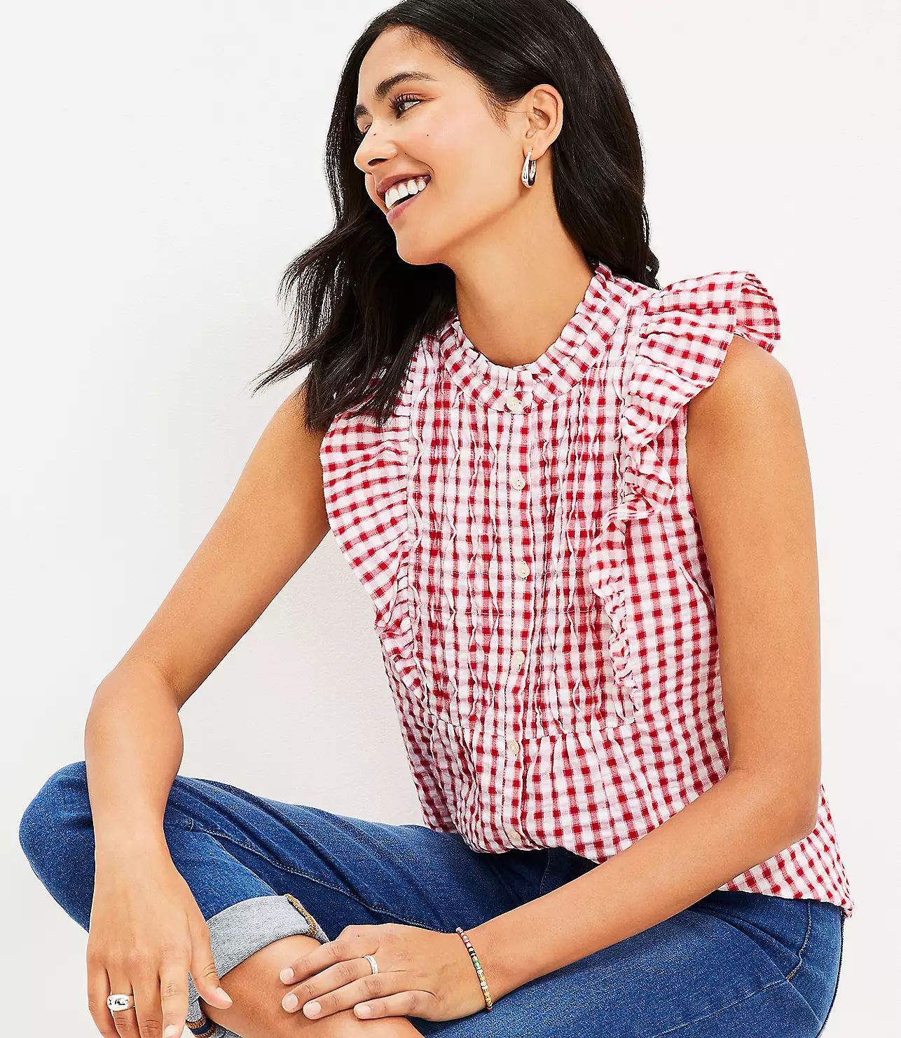 Plaid Ruffle Bib Button Top | LOFT