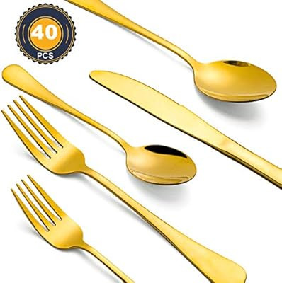 Gold Silverware Set Stainless Steel, 40 Piece Anti-Rust Mirror Polished Flatware Gold Utensils Se... | Amazon (US)