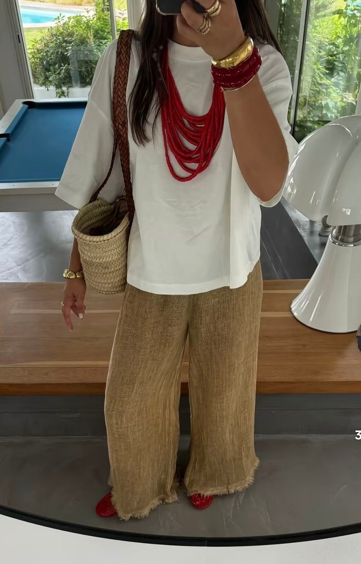 #SummerStyle #ResortOutfit #LinenPants #VacationLook #ChicAndEffortless #NeutralOutfitInspo #RedAccessories #CoastalStyle #SlowFashion #ArtisanStyle #BeachVacationOutfit #MinimalStyle #StatementJewelry #PinterestFashion #ElevatedBasics

#LTKSeasonal #LTKStyleTip