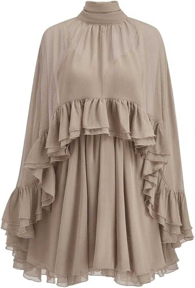 Women\u2019s Semi Sheer Chiffon Ruffle Dress with Outer Cape | Amazon (US)