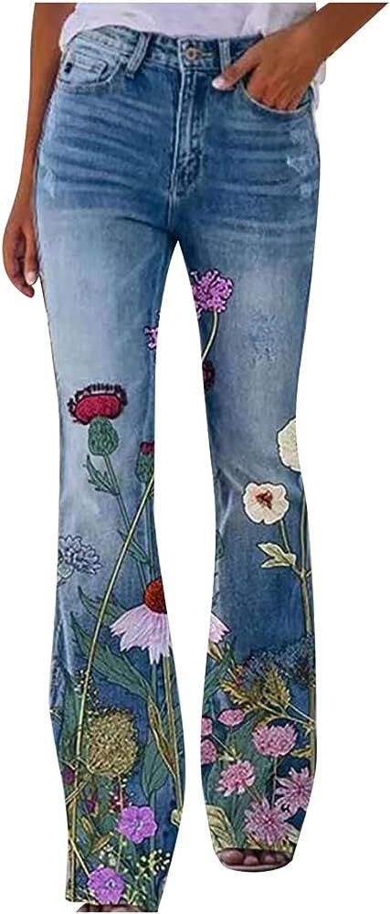 Flower Print Jeans 2023, School Floofy Plus Size Slacks Womens Spring Wide Hi Waist Floral Print ... | Amazon (US)