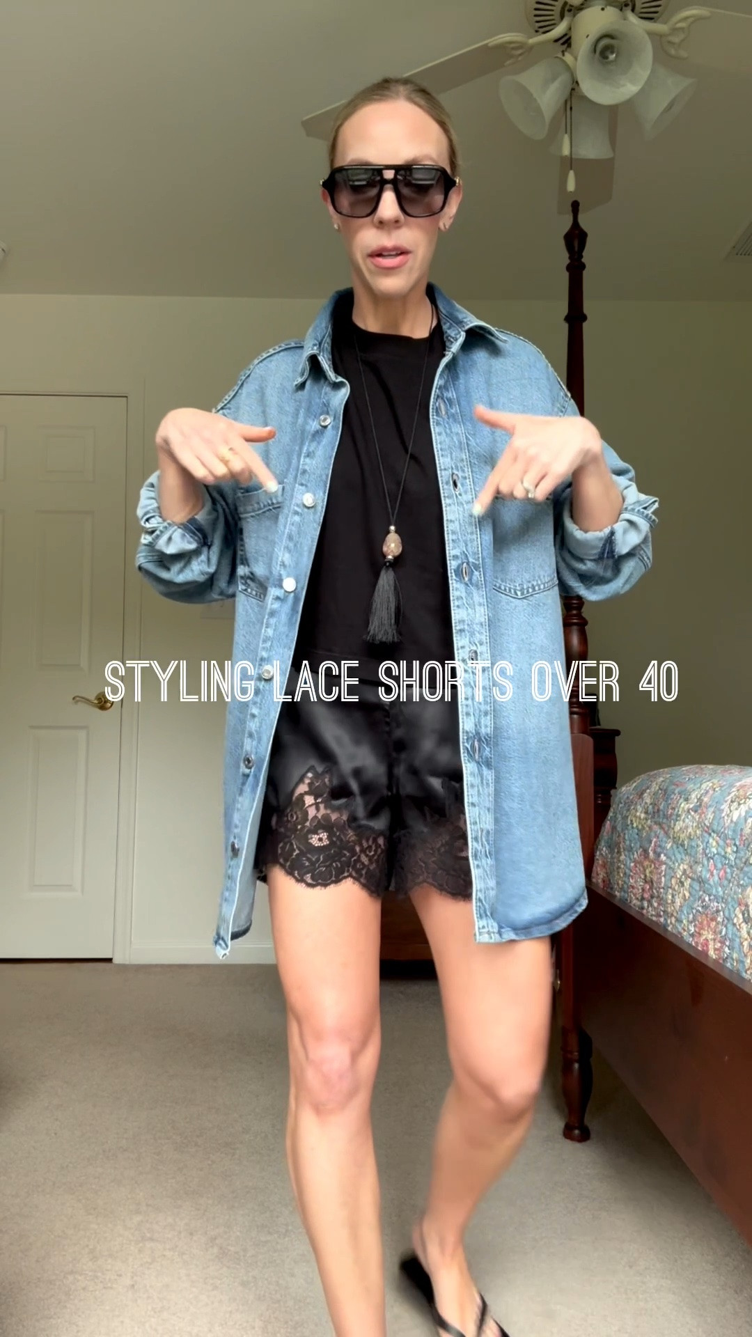 Styling lace shorts over 40, transitional style, summer to fall, oversized denim shirt with tee and satin lace shorts

#LTKOver40 #LTKSeasonal #LTKgrwm