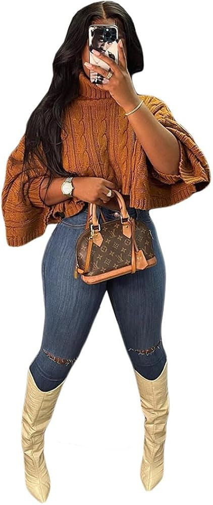 Women's Solid Textured Split Sleeve Turtle Neck Cropped Sweater, Casual Comfort Long Sleeve Pullo... | Amazon (US)