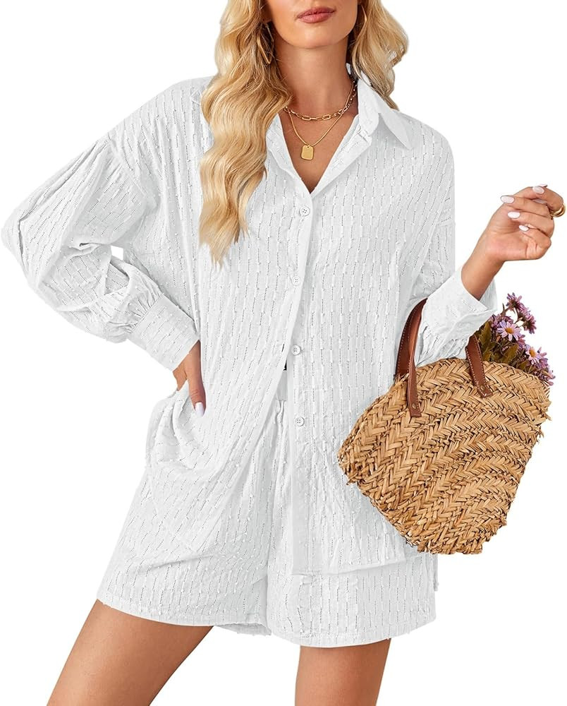 Fixmatti 2 Piece Outfits Long Sleeve Button Down Shirt and Shorts Sweatsuit Lounge Sets | Amazon (US)