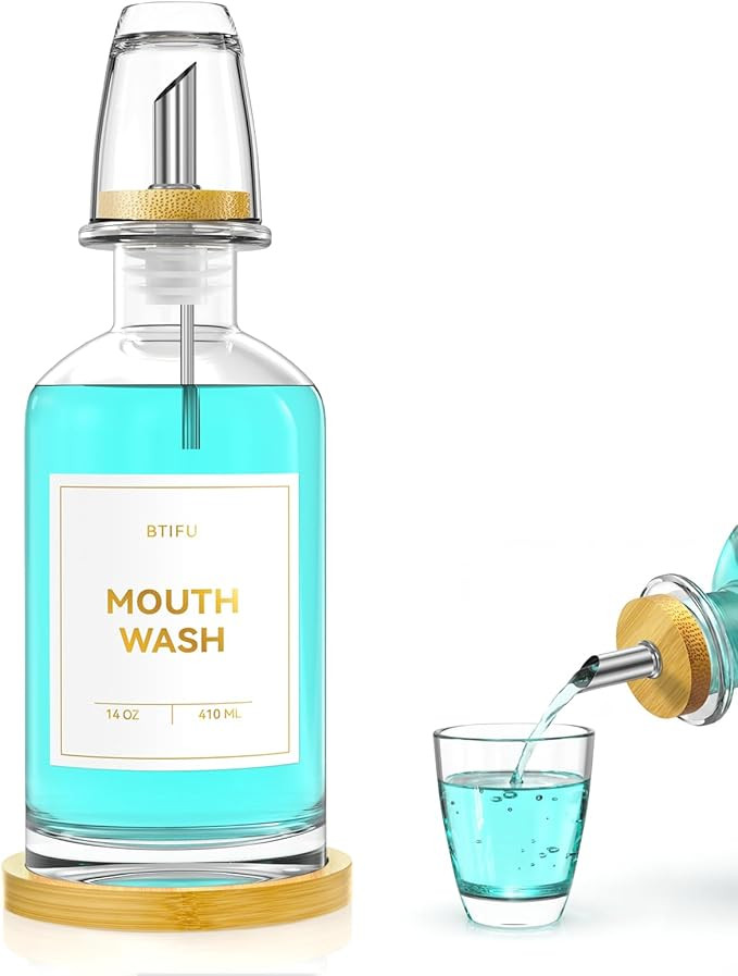 Glass Mouthwash Dispenser for Bathroom – 14oz Refillable Mouthwash Container with 2 Glass Cups ... | Amazon (US)