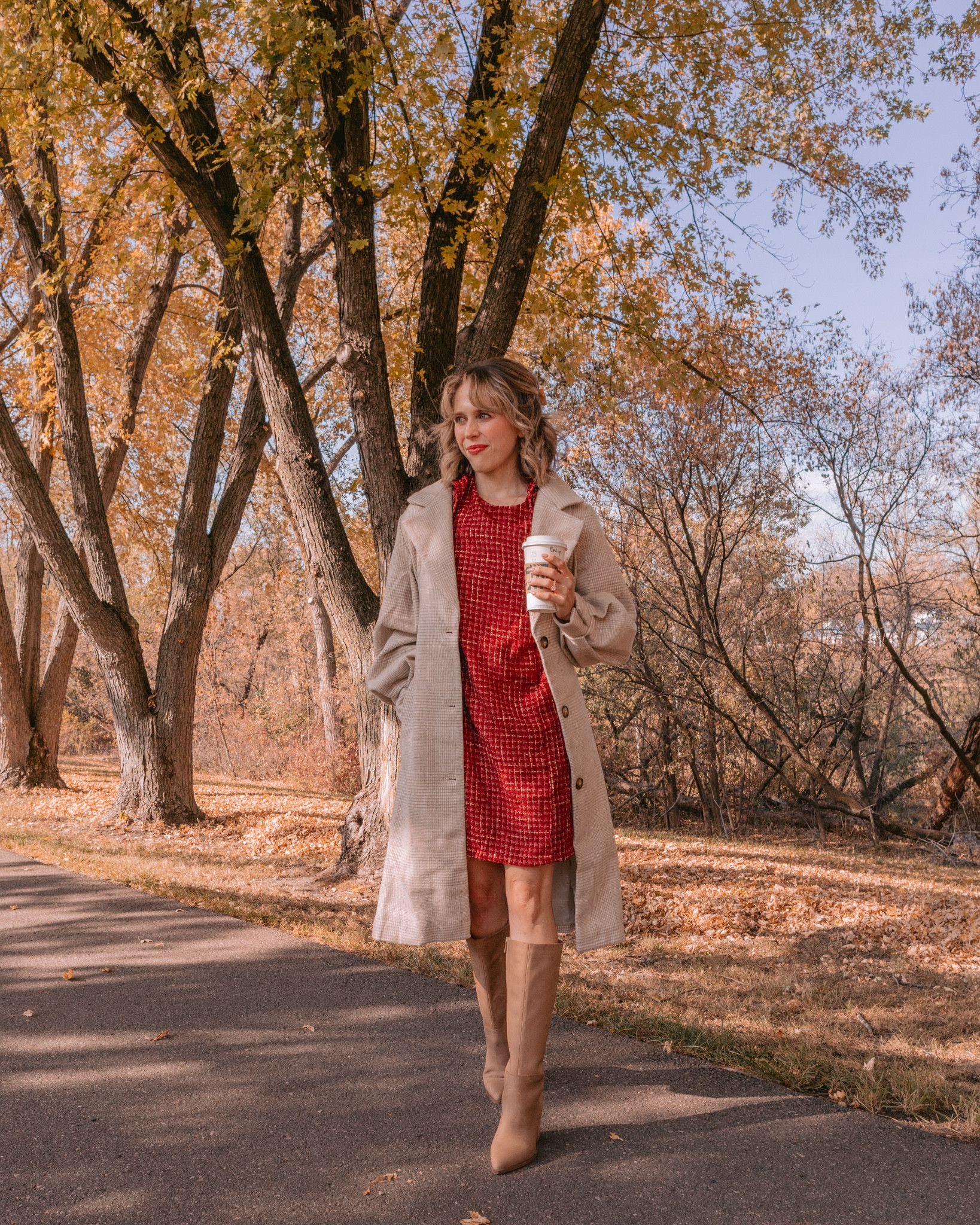 Fall outfit, fall dress, fall coat, beige trench coat, fall boots, knee high boots 

#LTKSeasonal #LTKunder100 #LTKshoecrush