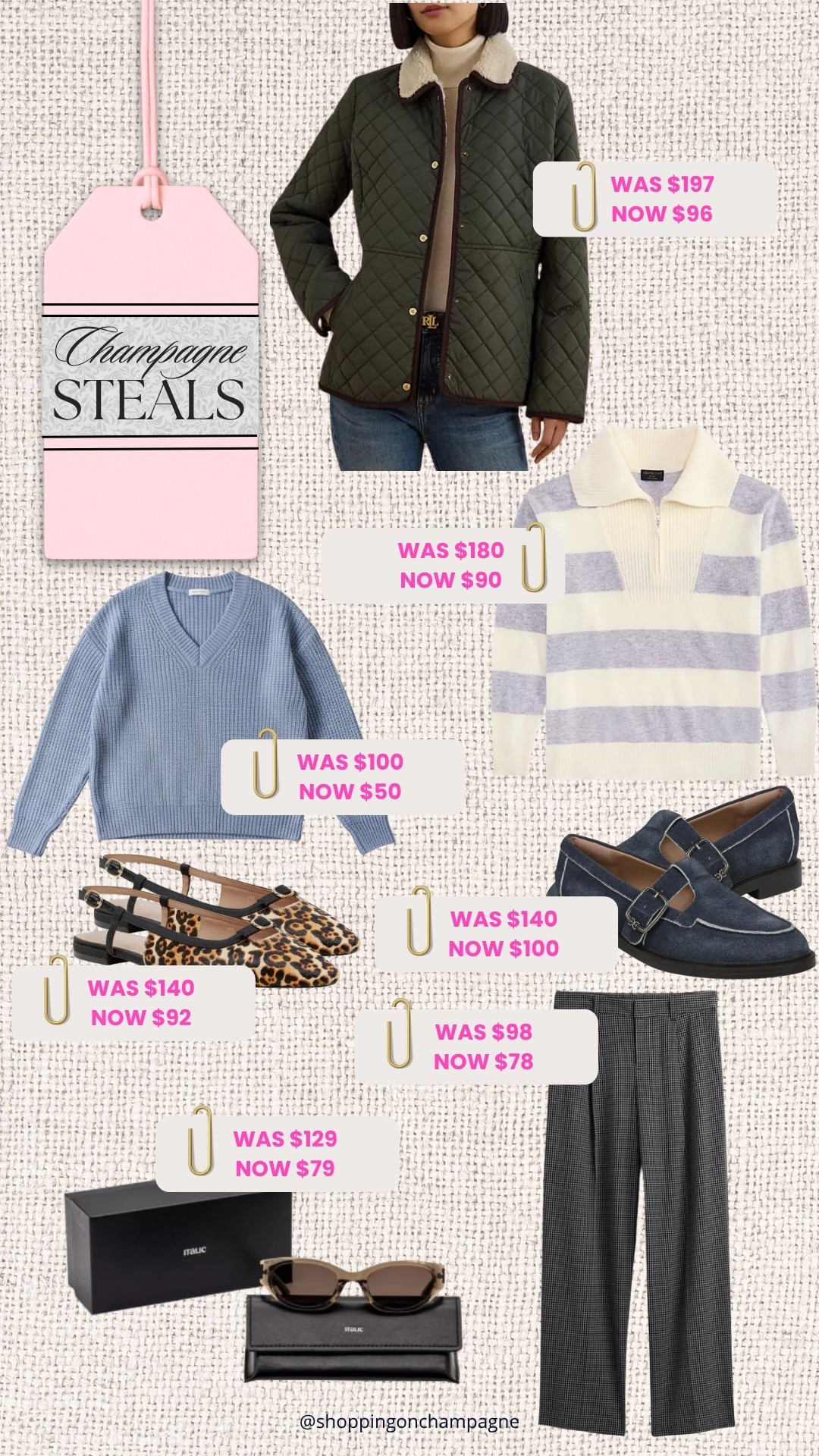 Champagne Steals with the best luxury fashion deals of the season. Shop quilted jackets, half zip sweaters, soft knit pullovers, tailored trousers, loafers, and sunglasses from top designer brands. These chic fall wardrobe essentials bring elevated everyday style at a fraction of the price. Perfect for capsule wardrobe lovers and anyone building an effortless fall outfit collection with timeless quality pieces.

#LTKSaleAlert #LTKOver40