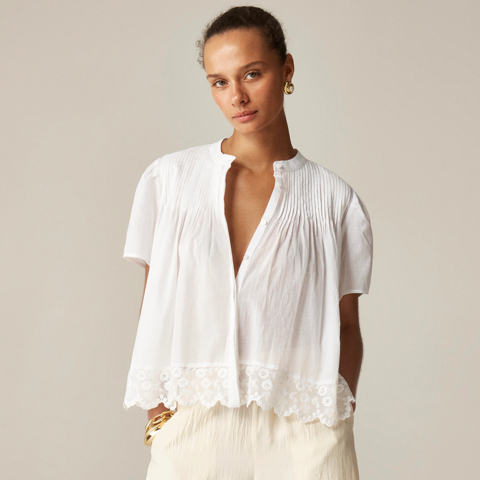 Lace-trim pintuck top in cotton voile | J. Crew US