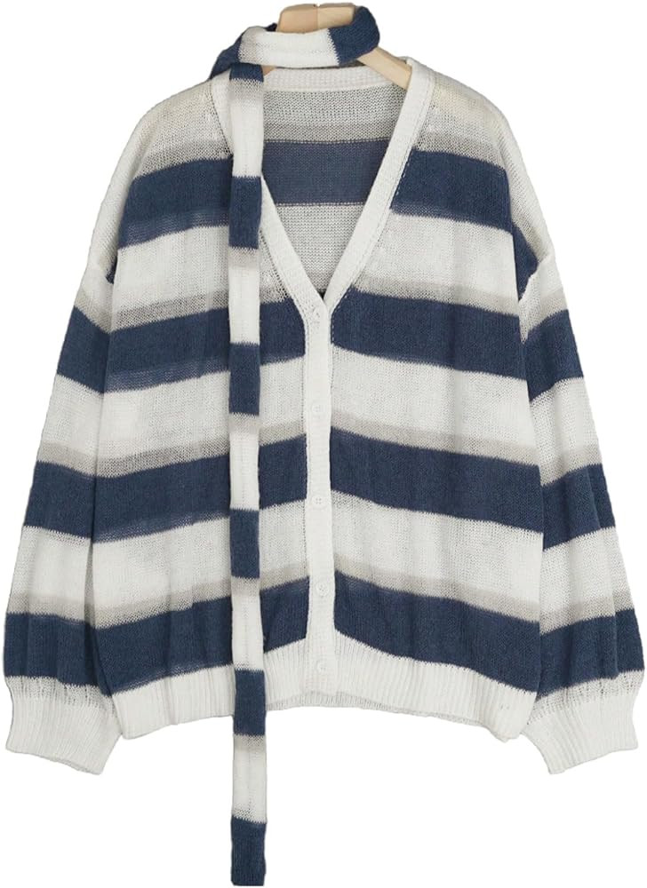 MakeMeChic Women's Business Striped Cardigan V Neck Long Sleeve Button Down Sweater with Scarf | Amazon (US)