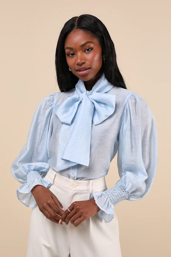 Wind River Light Blue Poet Sleeve Bow Collar Button-Up Top | Lulus