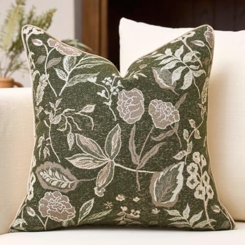 Green Floral Textured Throw Pillow Cover 18x18 Fall Vintage Rust Pillow Cover Farmhouse Summer Le... | Amazon (US)