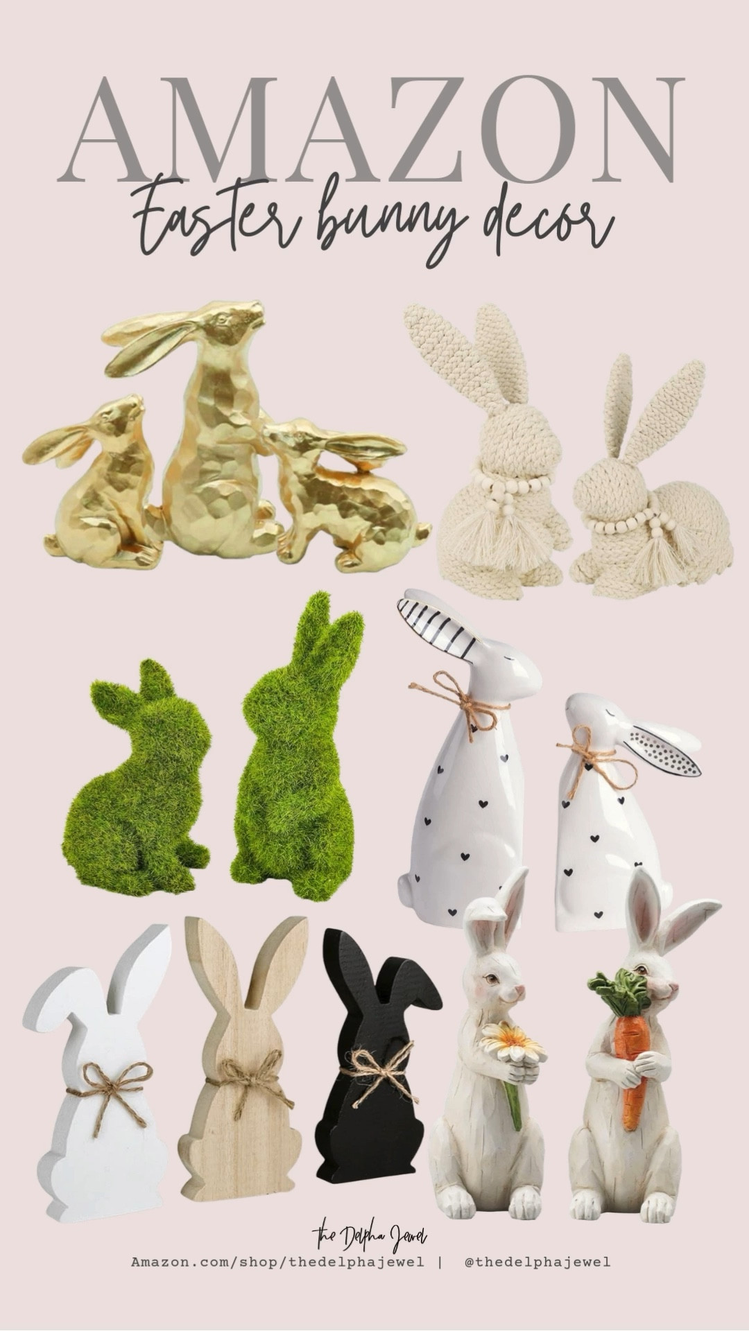 How cute are all of these Easter bunnies? 🐰 Perfect for your tablescape, shelf or on top of a coffee table book!

￼Rabbit tabletop ornament, moss bunny, wooden table centerpiece, rustic farmhouse decor, ceramic Easter bunny, cotton woven bunny, resin gold figurines 


#LTKHome #LTKSpringSale