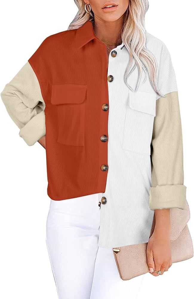 KIMSOONG Womens Corduroy Button Down Shirts Shacket Jacket Boyfriend Long Sleeve Oversized Blouse... | Amazon (US)
