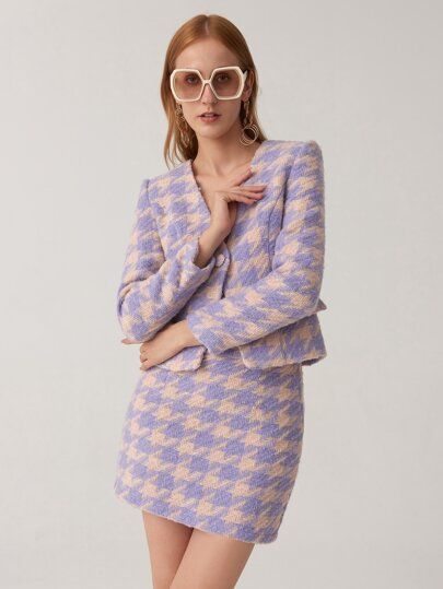 SHEIN Zipper Side Houndstooth Pattern Tweed Skirt | SHEIN