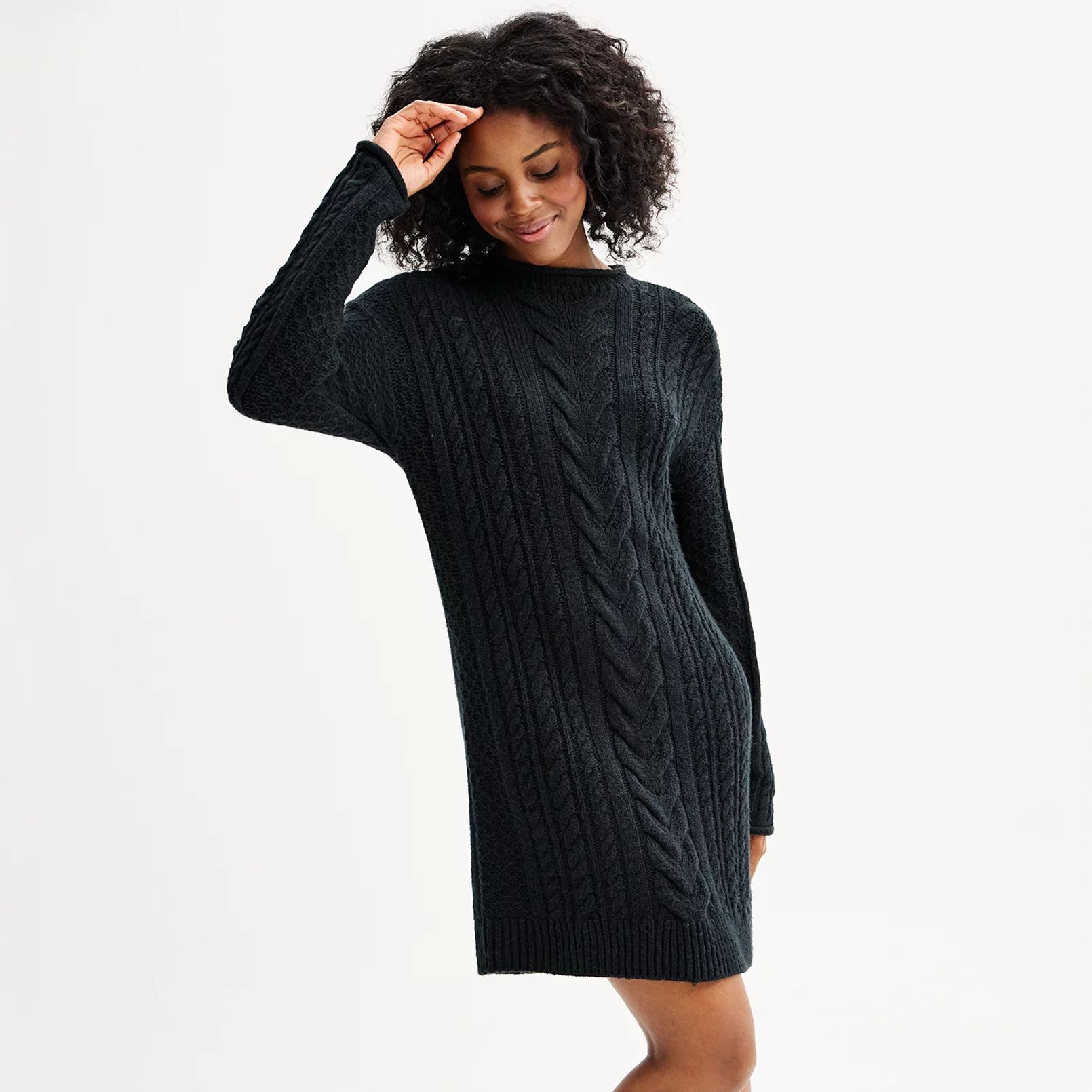 Juniors' SO® Cable Knit Roll Neck Sweater Dress | Kohl's