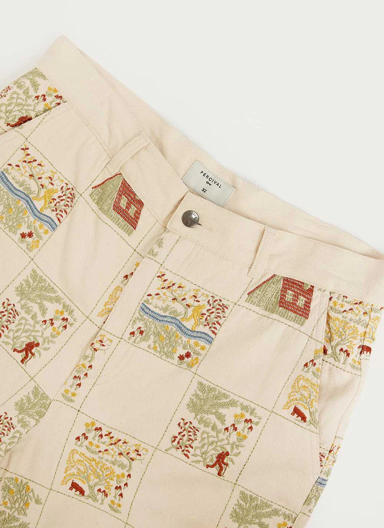 Checkerboard 5 Pocket Trouser | Embroidered Cotton Twill | Ecru | Percival Menswear