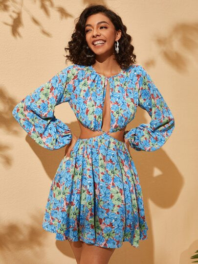 SHEIN Allover Floral Print Cut Out Lantern Sleeve Dress | SHEIN