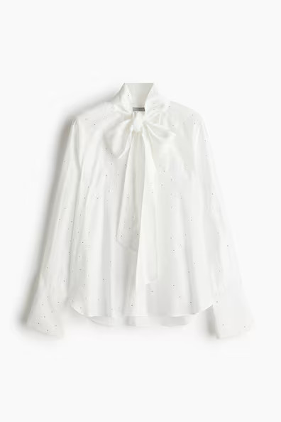 H & M - Rhinestone-Embellished Tie-Neck Blouse - White | H&M (US + CA)