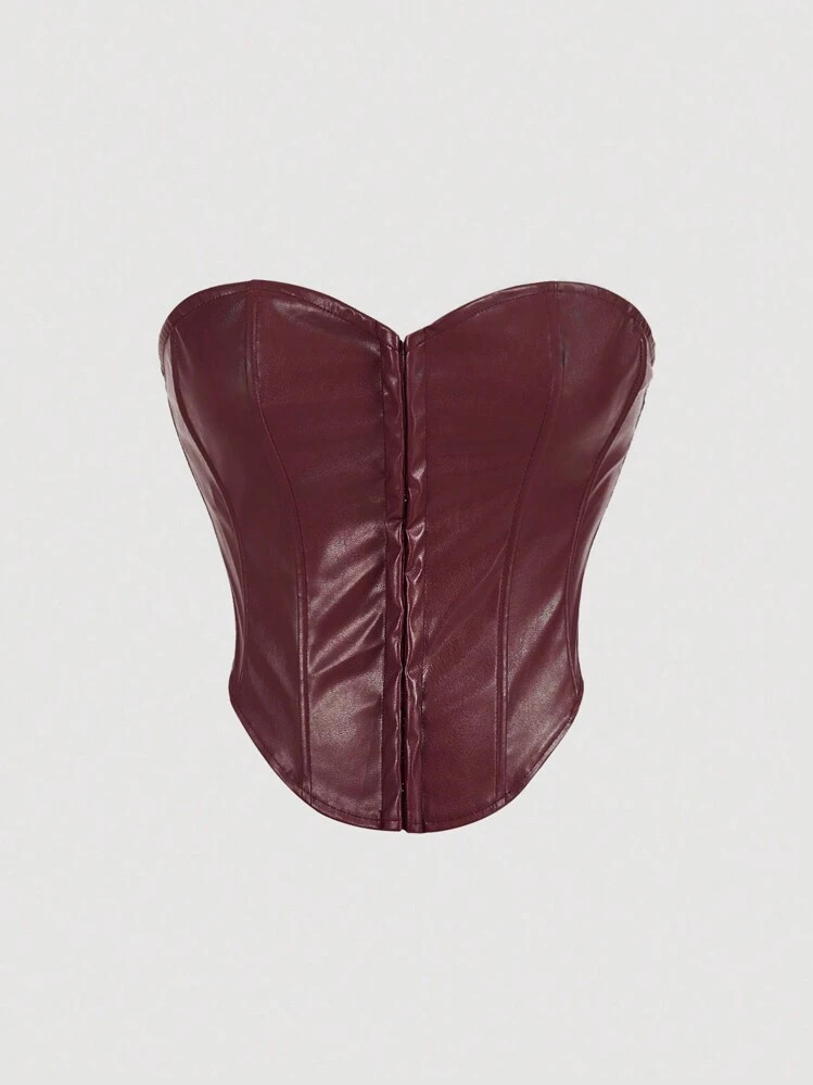 SHEIN X ELOISA & ORSON SHEIN MOD Solid PU Leather Bustier Tube Breast Cup Waist Shaping Corset To... | SHEIN