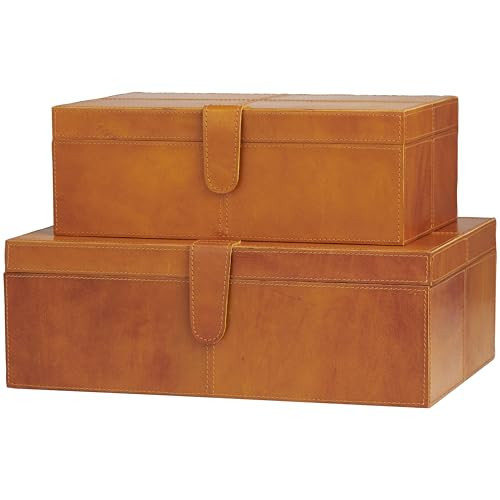 Deco 79 Leather Handmade Decorative Box Storage Decorative Keepsake Boxes with Snap Front Closure and Detailed Stitching, Set of 2 Storage Boxes 17", 14" W, Brown | Amazon (US)