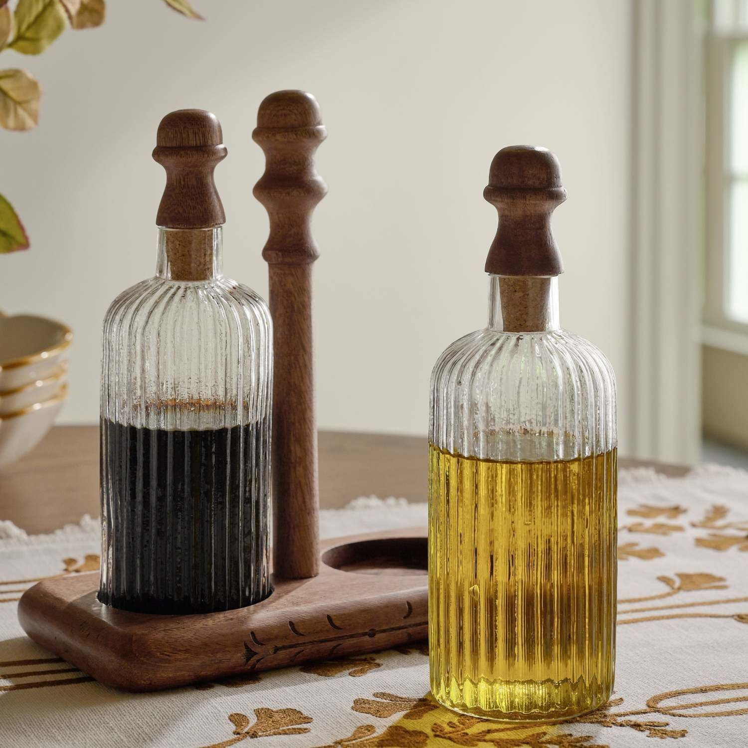 Antiqued Wood Ribbed Glass Oil & Vinegar Set | Magnolia