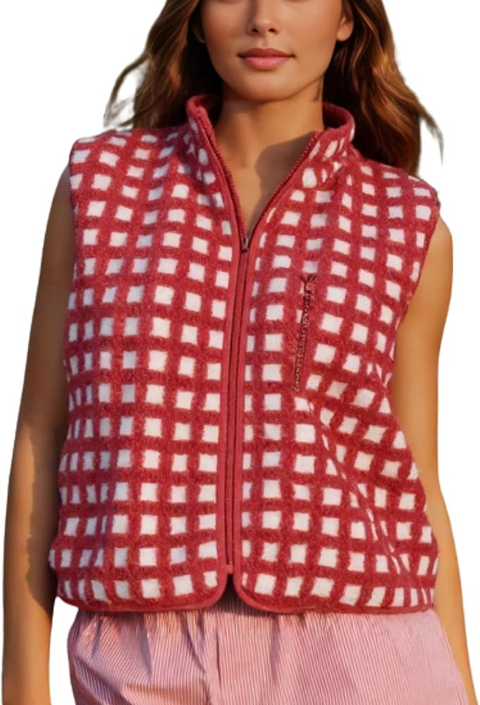 PUWEI Women's Checkered Sherpa Vest Sleeveless Zip Up Fleece Top Crochet Plaid Sherpa Collared Ve... | Amazon (US)