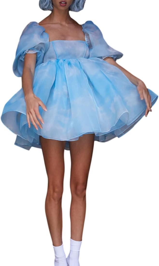 Women's Puff Sleeve Tulle Princess Dress Square Neck Fairy Mini Dress Tie Dye Party Wedding Dress | Amazon (US)