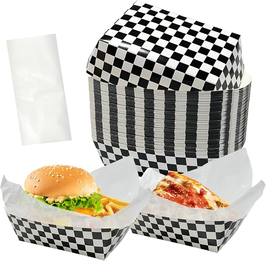 100 Pcs Checkered Race Car Paper Food Trays with 100 Deli Liner, Disposable Paper Food Boats Nach... | Amazon (US)