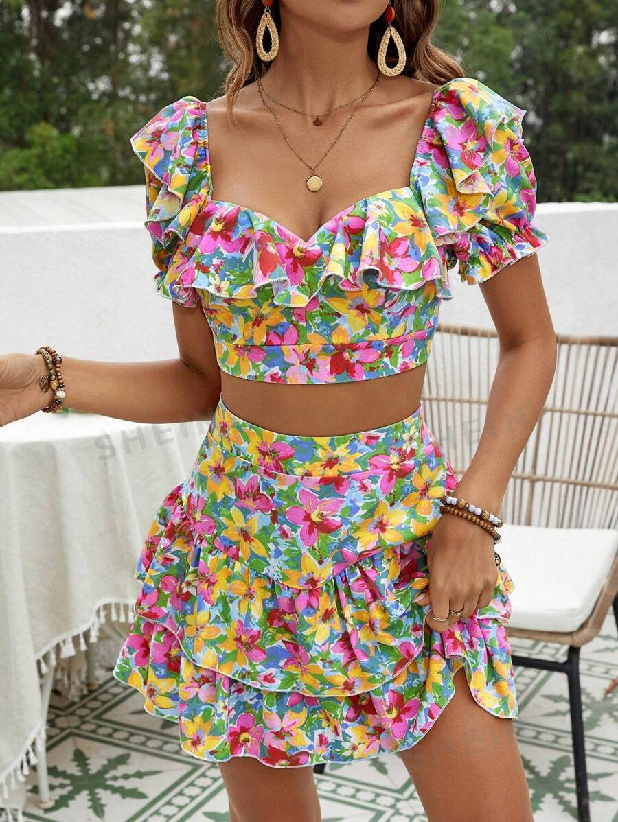 SHEIN VCAY Summer Women'S Floral Print Ruffle Skirt Two-Piece Set | SHEIN