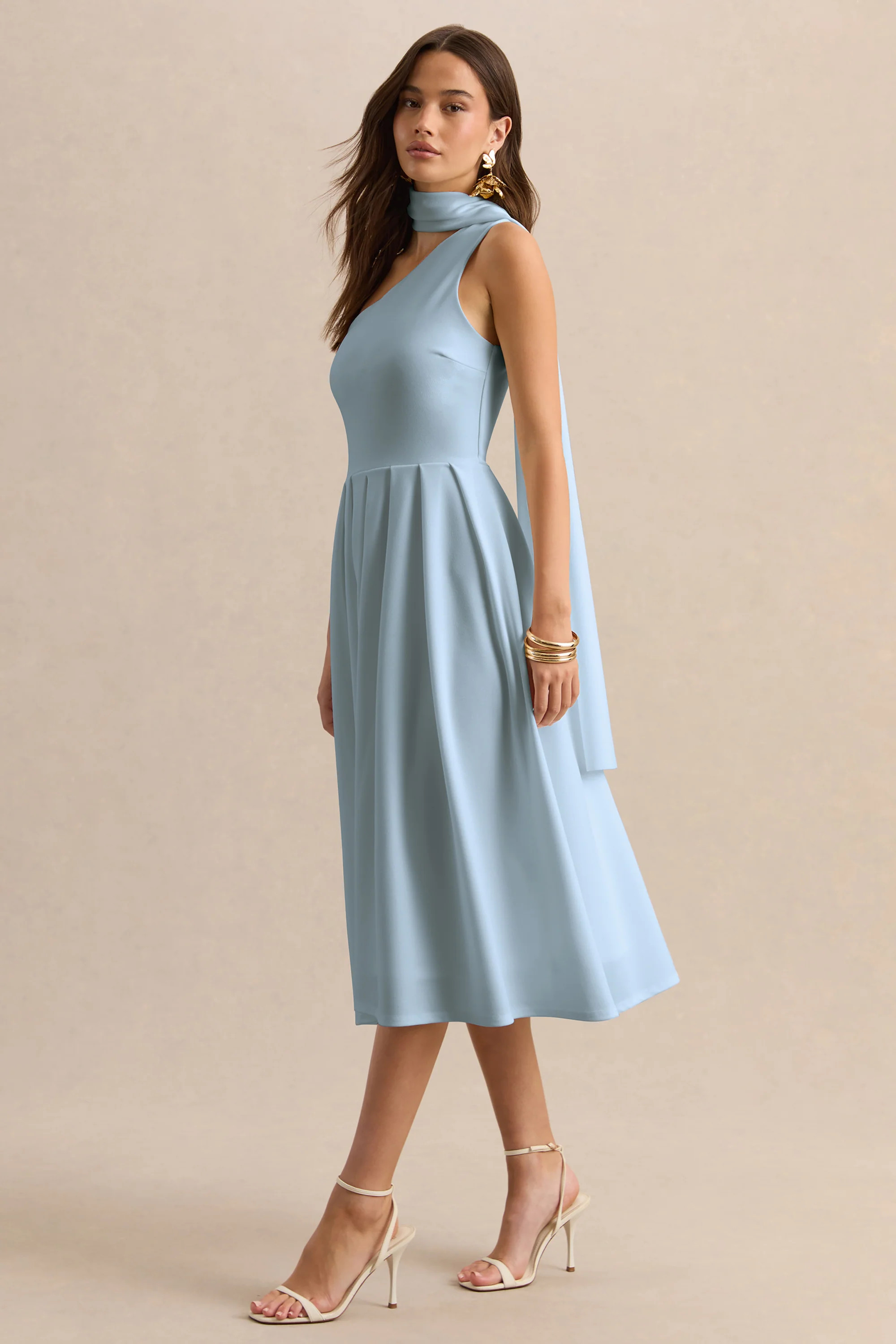 Odette | Powder Blue Asymmetric-Neck Midi Dress With Scarf | Club L London