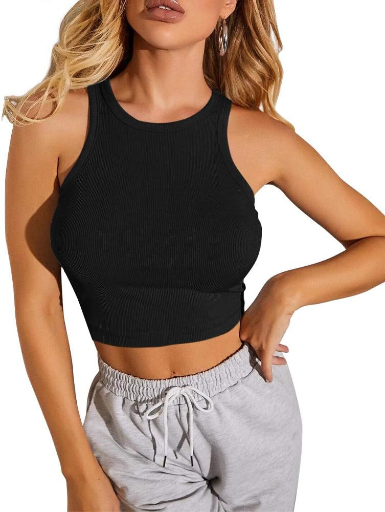 CLOZOZ Womens Tank Tops Round Neck Ribbed Sleeveless Crop Tops for Women High Neck Basic Crop Tan... | Amazon (US)