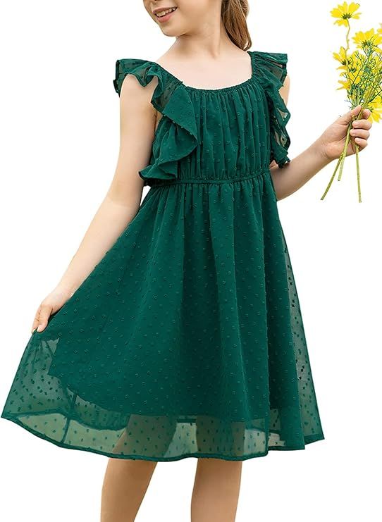 EISHOPEER Girls Dresses Ruffle Sleeve Swiss Dot Casual A-Line Twirly Skater Party Dress for 5-13 ... | Amazon (US)